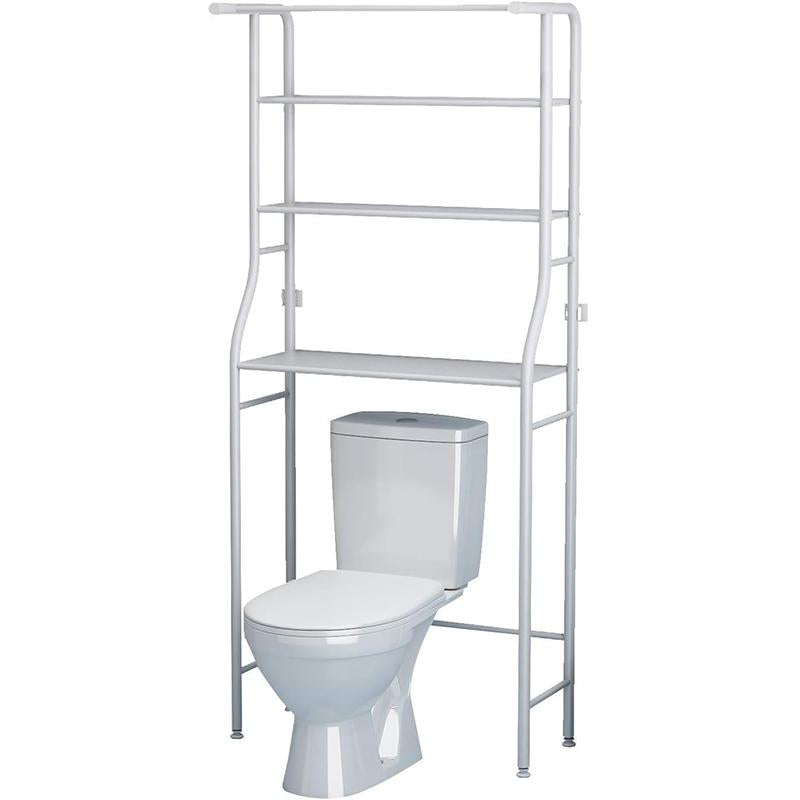 Mensola a 3 ripiani sopra il WC, salvaspazio per il bagno, supporto angolare per organizzare gli accessori, lavatrice, con asta appendiabiti, mensola a torre, bianco