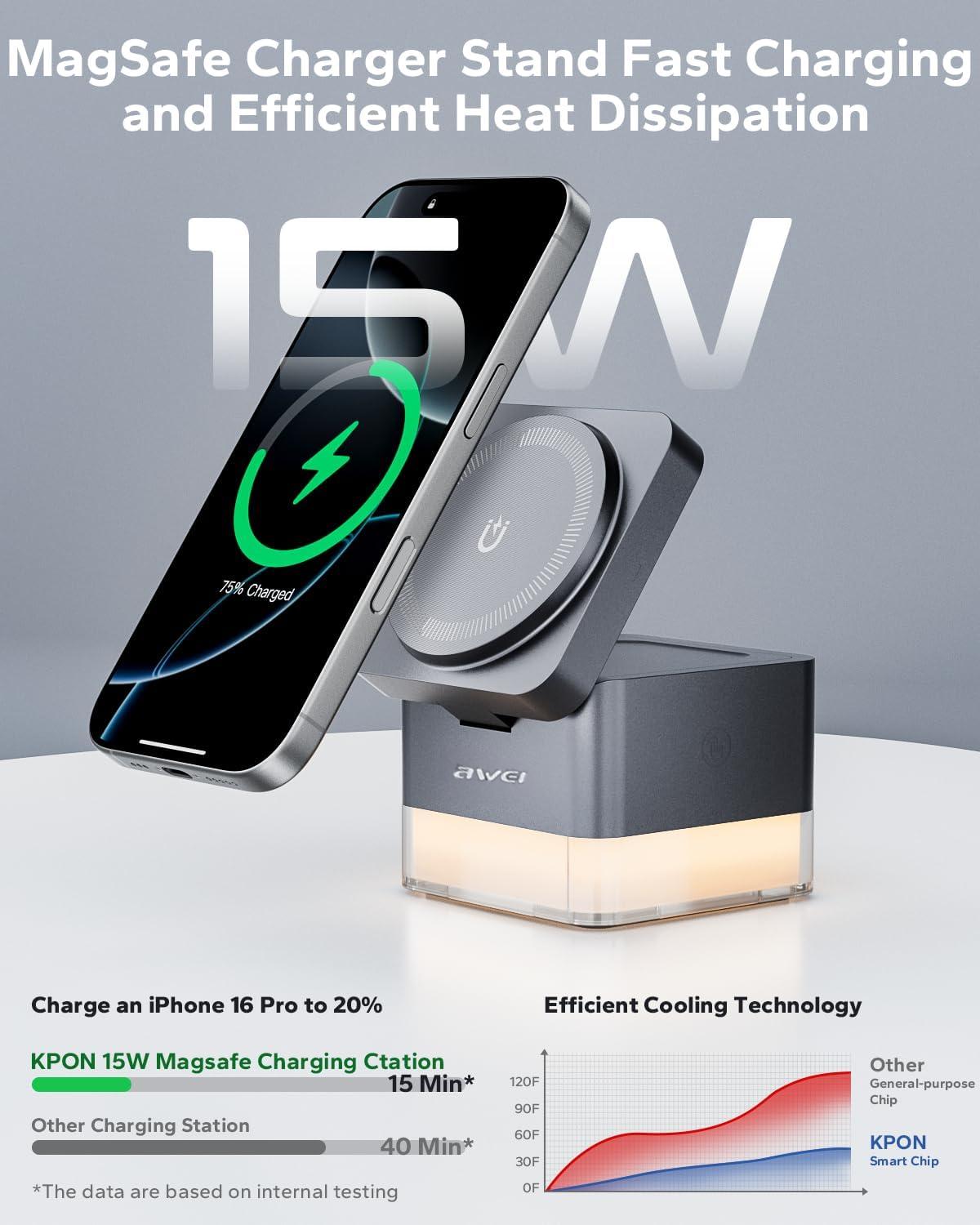 Awei iPhone Nightstand Charging Station, 15W 3-in-1 Wireless Phone Charger