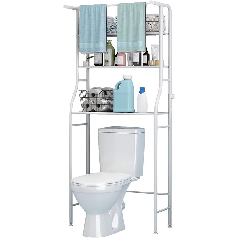 Mensola a 3 ripiani sopra il WC, salvaspazio per il bagno, supporto angolare per organizzare gli accessori, lavatrice, con asta appendiabiti, mensola a torre, bianco