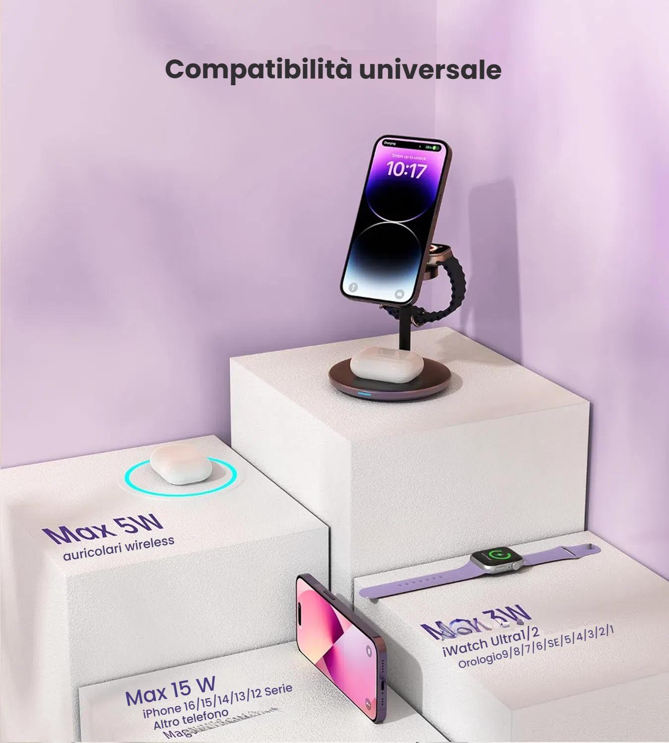 Stazione di ricarica wireless 3 in 1 per più dispositivi