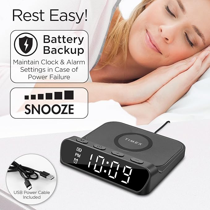 Havit 闹钟带无线充电器,适用于 iPhone、Android 和 AirPods TW14B 黑色数字显示计时器和贪睡功能