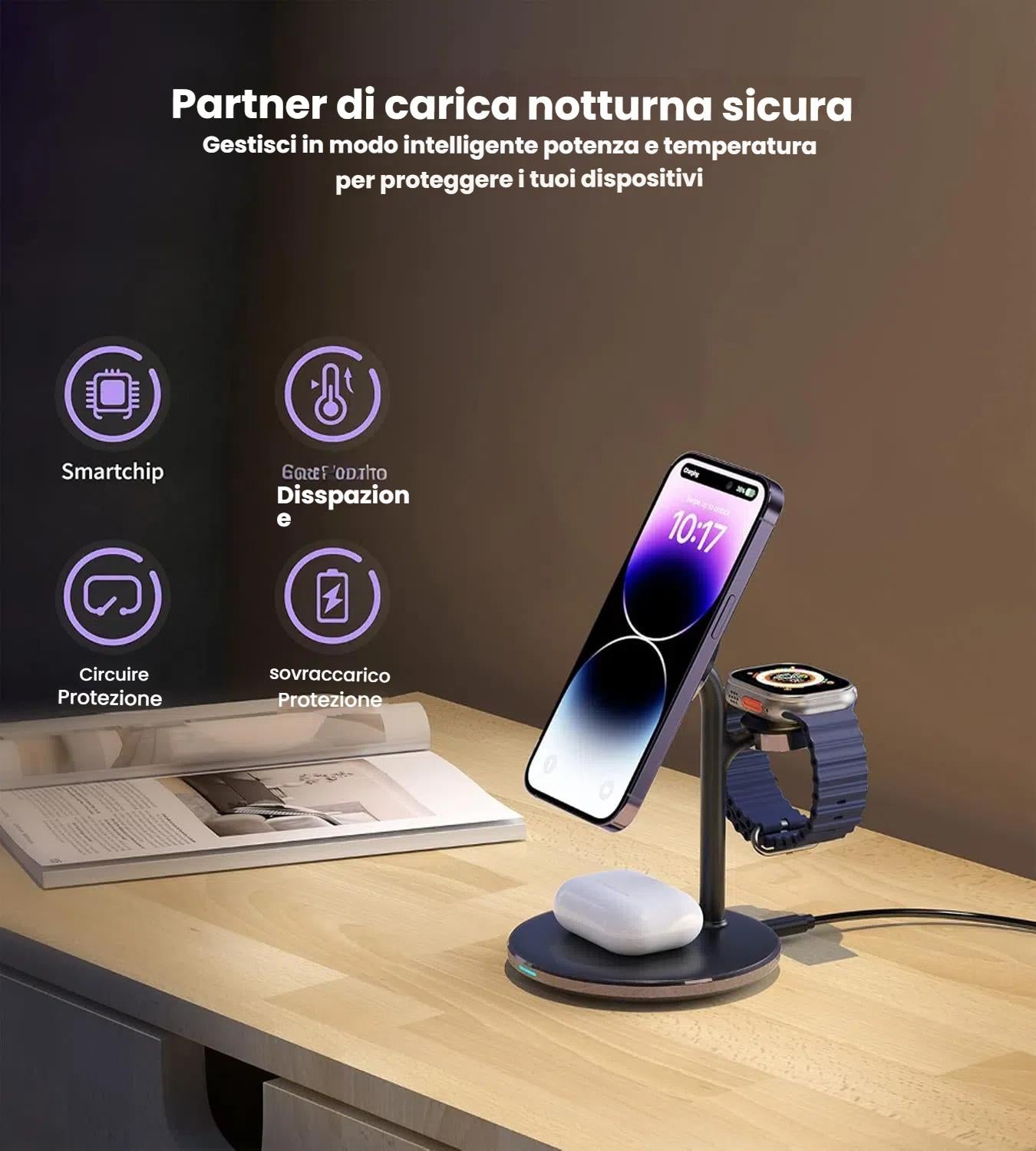 Stazione di ricarica wireless 3 in 1 per più dispositivi