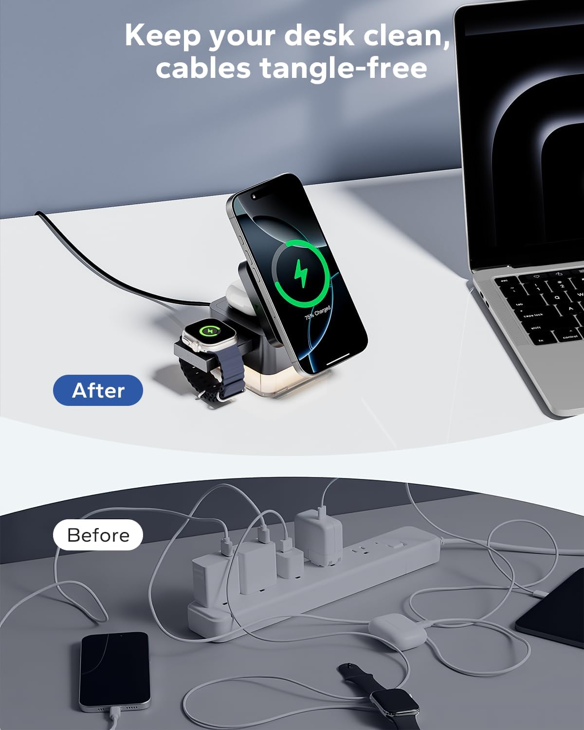 Awei iPhone Nightstand Charging Station, 15W 3-in-1 Wireless Phone Charger
