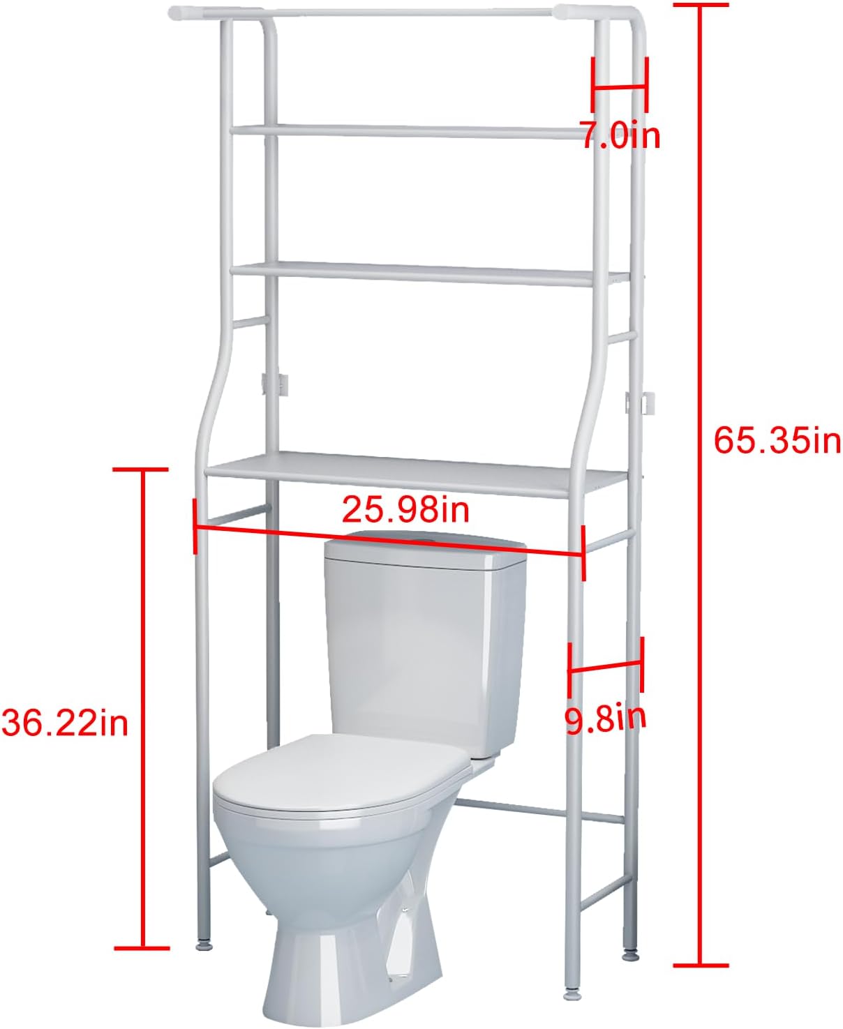 Mensola a 3 ripiani sopra il WC, salvaspazio per il bagno, supporto angolare per organizzare gli accessori, lavatrice, con asta appendiabiti, mensola a torre, bianco
