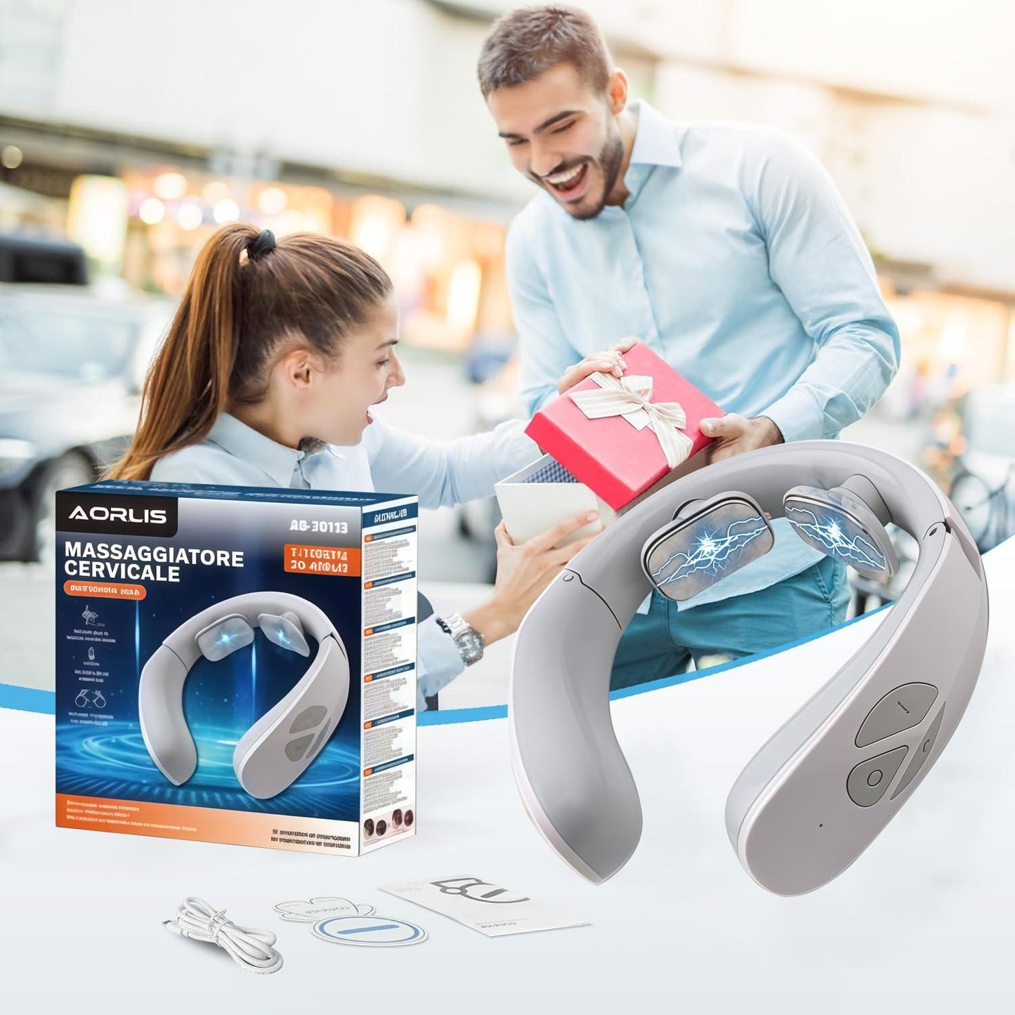 AORLIS Massaggiatore Cervicale Portatile Riscaldato Modello BS-70113 con Cuscinetti Elettrodi