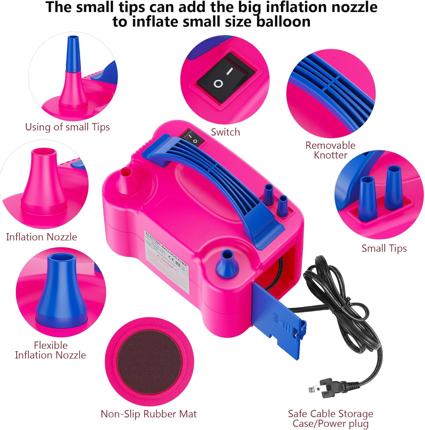 电动气球泵带 2+2 个喷嘴,2 种工作模式智能充气,220 伏 600 瓦,适用于派对、婚礼、生日装饰