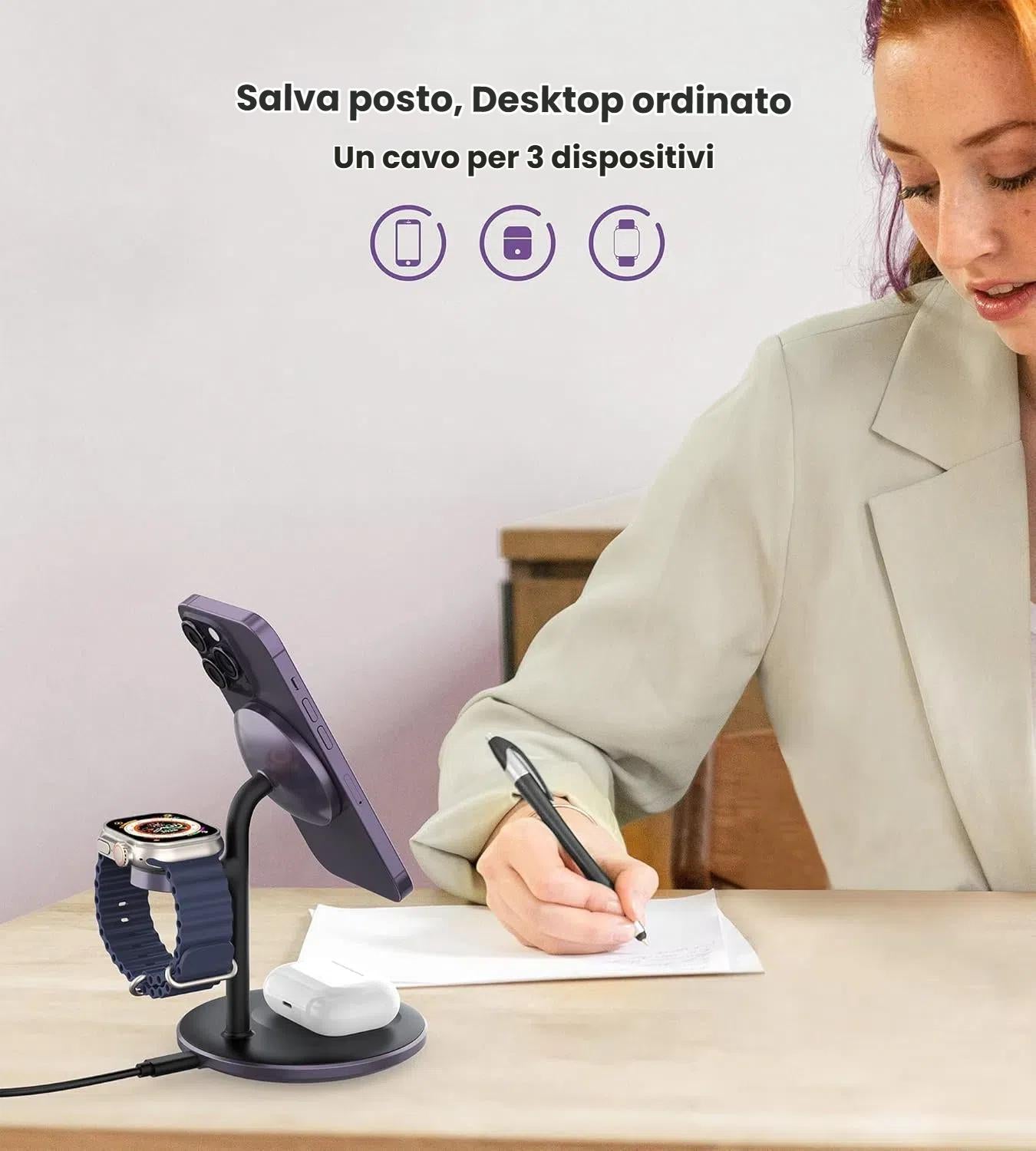 Stazione di ricarica wireless 3 in 1 per più dispositivi