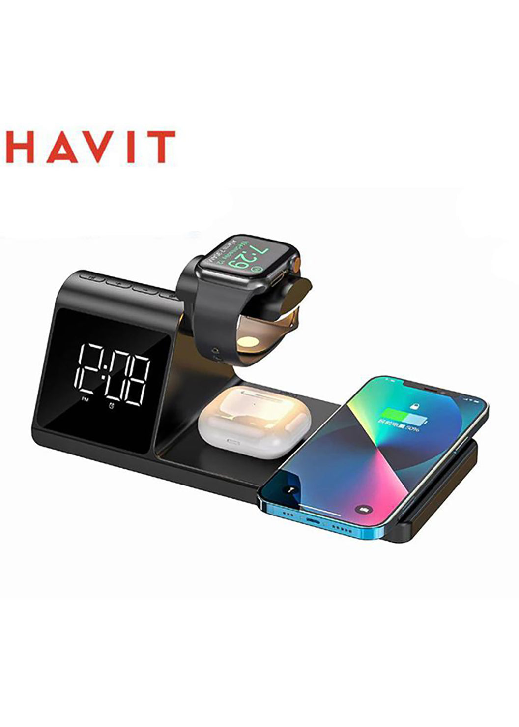 HAVIT 七合一无线充电底座适用于 iPhone 16 15 14 13 12 Pro Max Apple Watch Airpods 带蓝牙时间同步