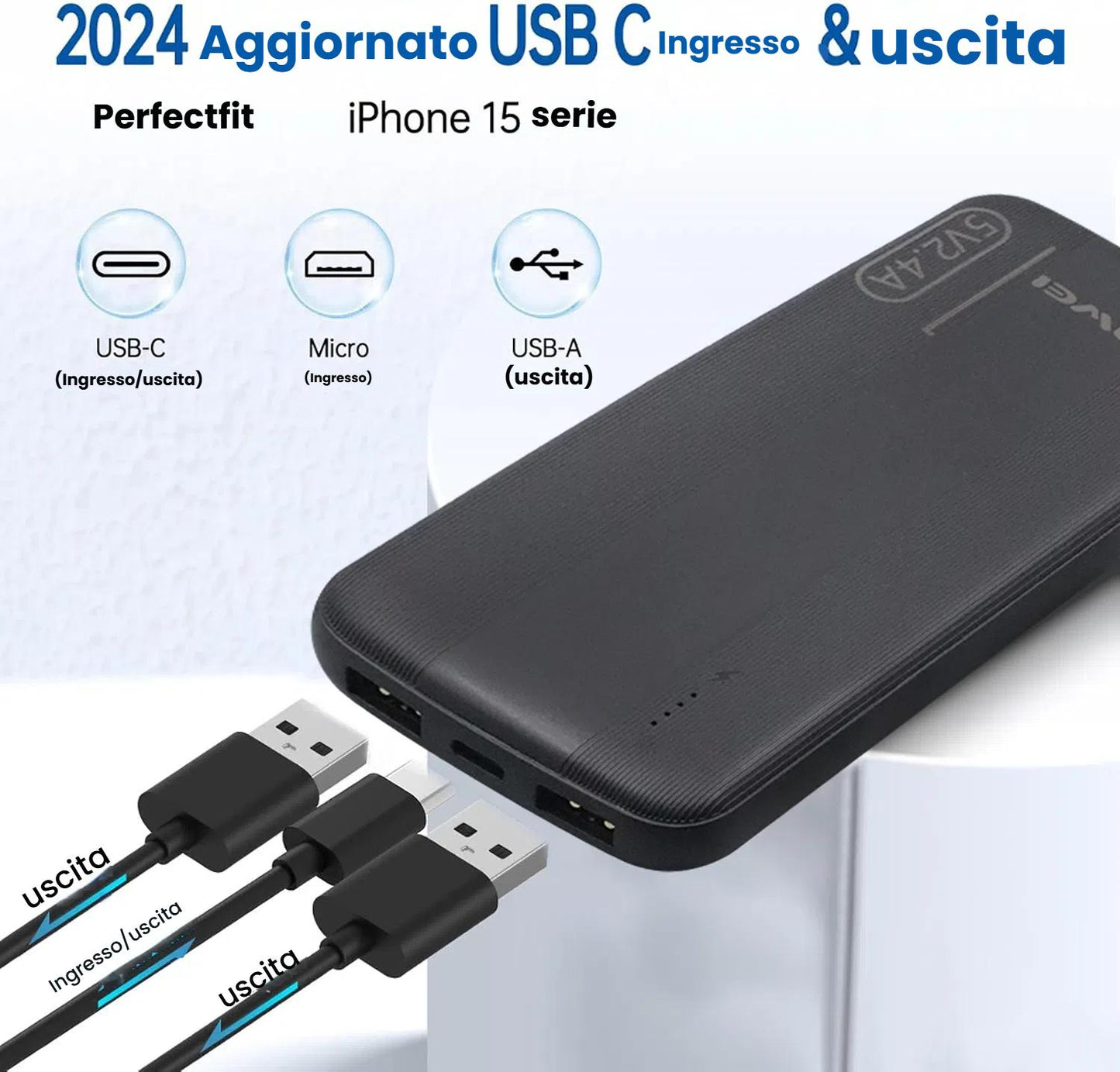 Awei Power Bank 10000mAh Caricabatterie Portatile Nero con 2 Uscite USB 2.4A e Ingresso/Uscita USB C Compatibile con Huawei iPhone Samsung Galaxy