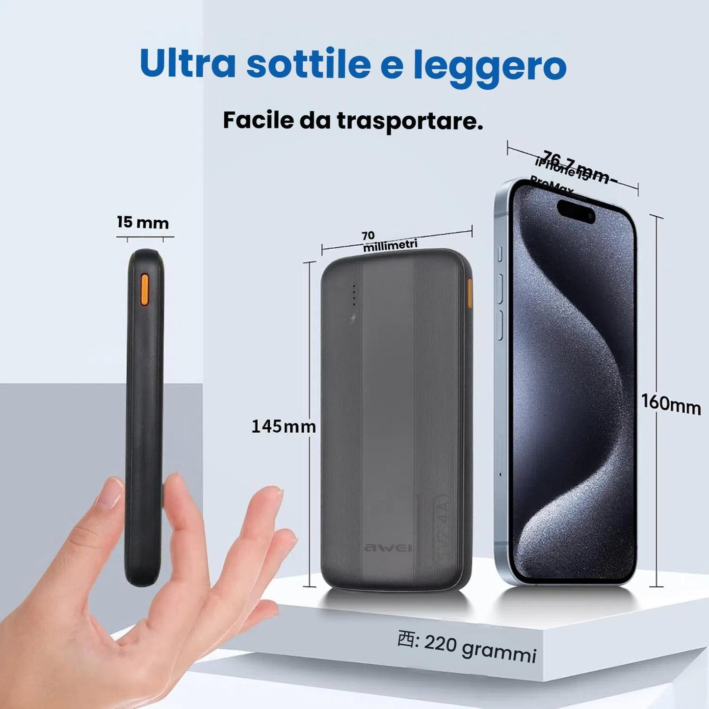 Awei Power Bank 10000mAh Caricabatterie Portatile Nero con 2 Uscite USB 2.4A e Ingresso/Uscita USB C Compatibile con Huawei iPhone Samsung Galaxy