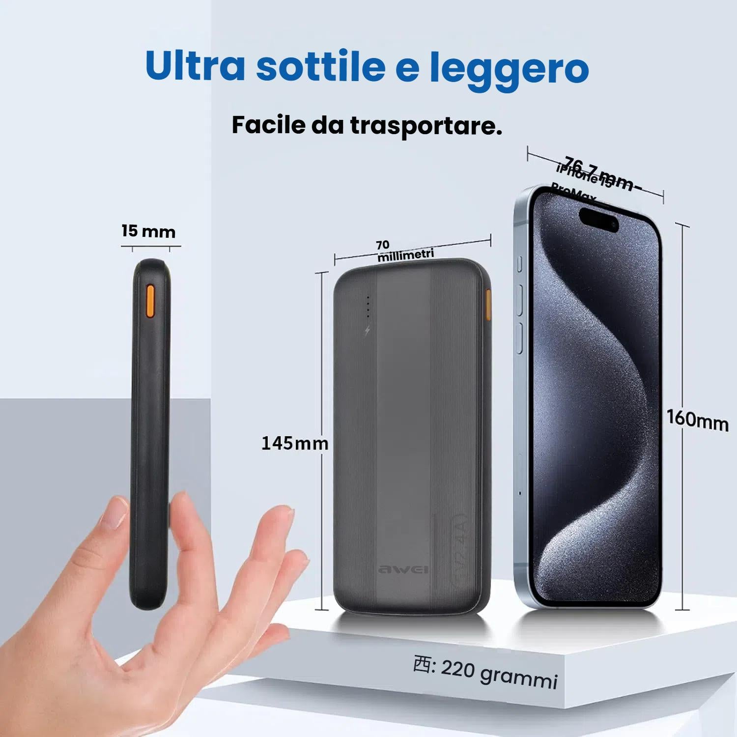 Awei 移动电源 10000mAh 便携式充电器 黑色 带 2 个 USB 输出 2.4A 和 USB C 输入/输出 兼容华为 iPhone 三星 Galaxy