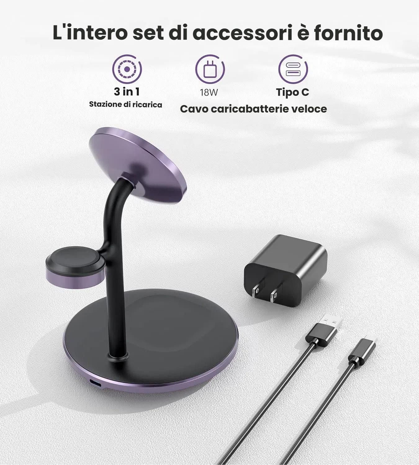 Stazione di ricarica wireless 3 in 1 per più dispositivi