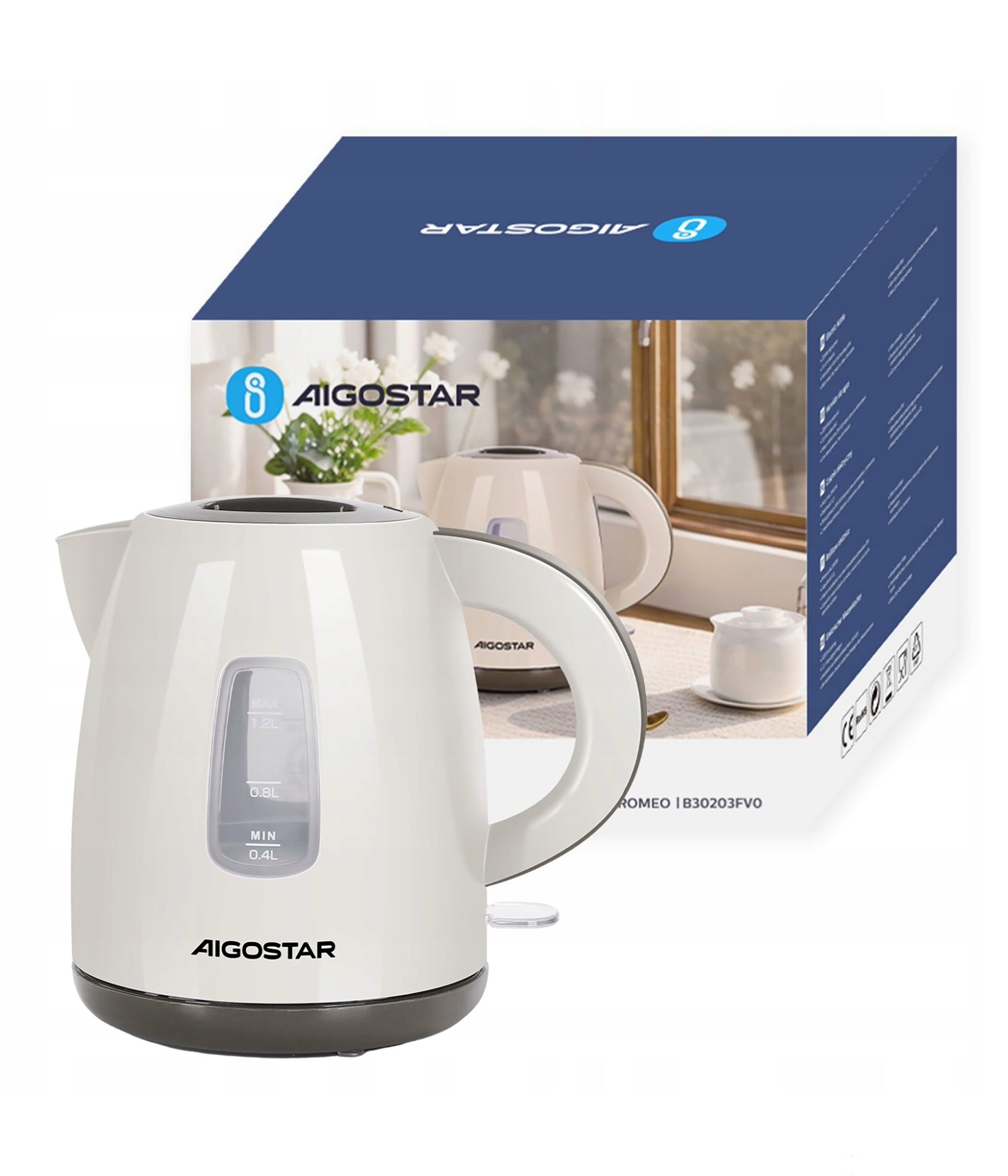 白色塑料电热水壶 - 1850-2200W - 1.2升容量