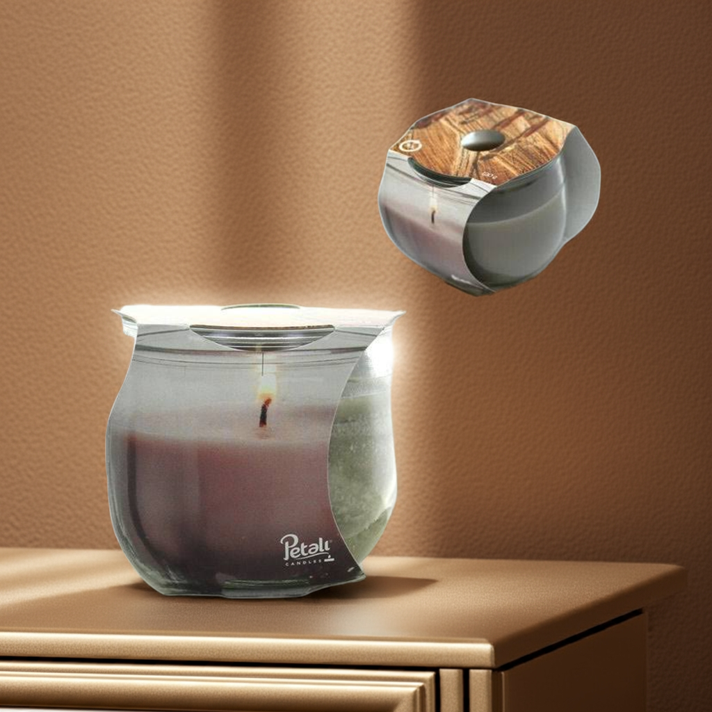 Candela profuma ambiente 30h 120gr. vasetto in vetro fragranza - legno prezioso