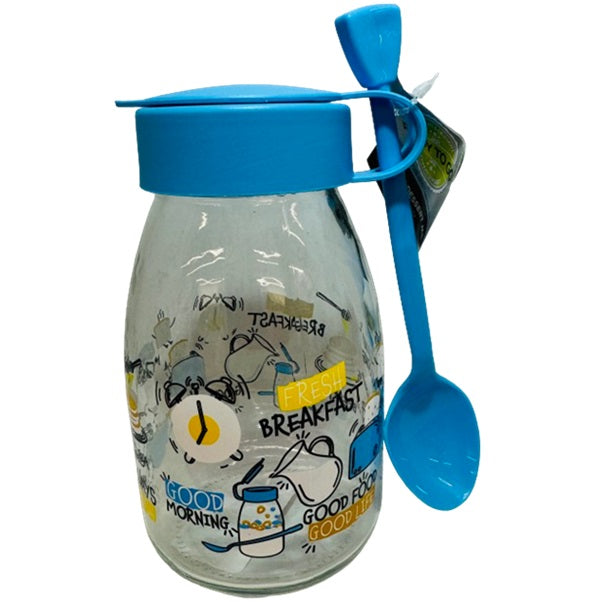 带勺子的装饰玻璃瓶 - 蓝色