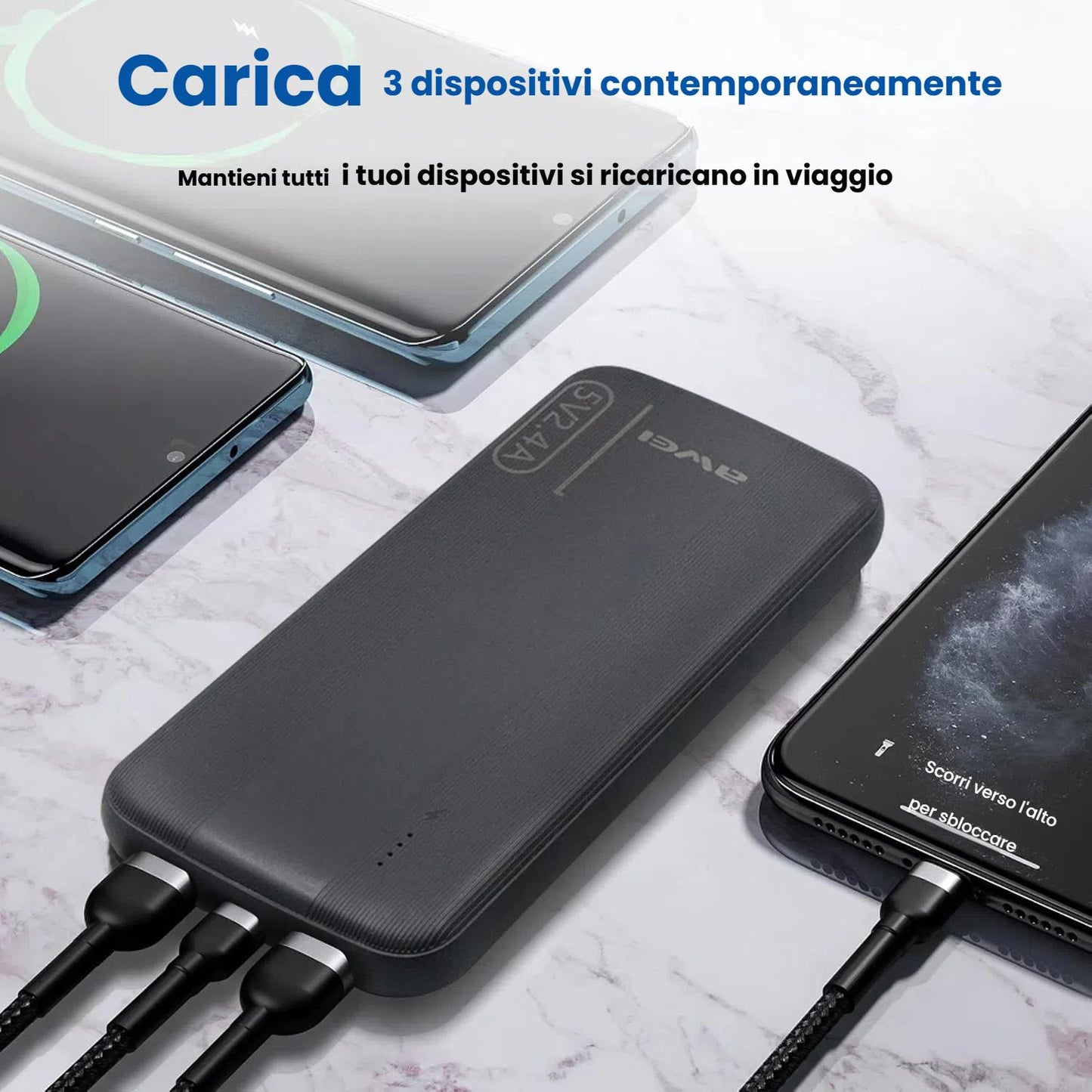Awei Power Bank 10000mAh Caricabatterie Portatile Nero con 2 Uscite USB 2.4A e Ingresso/Uscita USB C Compatibile con Huawei iPhone Samsung Galaxy