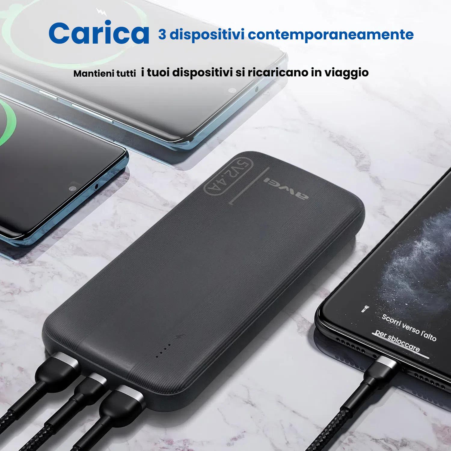 Awei 移动电源 10000mAh 便携式充电器 黑色 带 2 个 USB 输出 2.4A 和 USB C 输入/输出 兼容华为 iPhone 三星 Galaxy