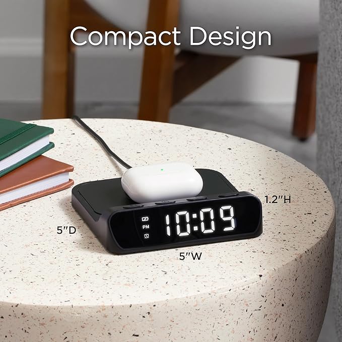 Havit 闹钟带无线充电器,适用于 iPhone、Android 和 AirPods TW14B 黑色数字显示计时器和贪睡功能