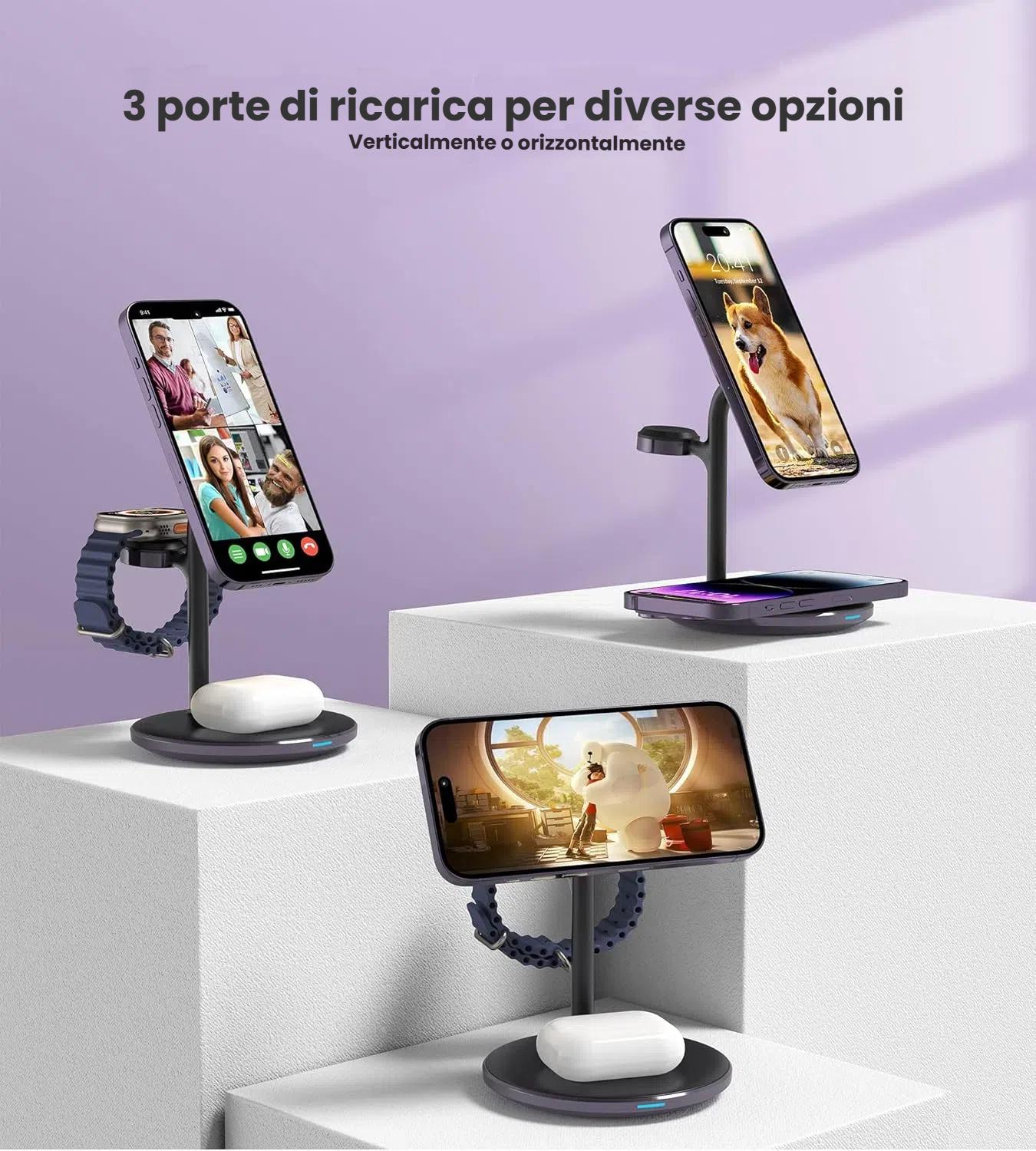 Stazione di ricarica wireless 3 in 1 per più dispositivi