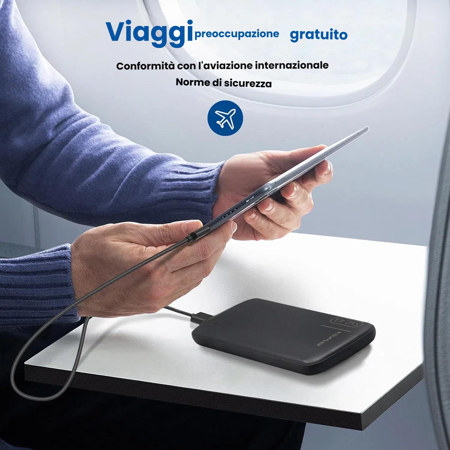 Awei 移动电源 10000mAh 便携式充电器 黑色 带 2 个 USB 输出 2.4A 和 USB C 输入/输出 兼容华为 iPhone 三星 Galaxy