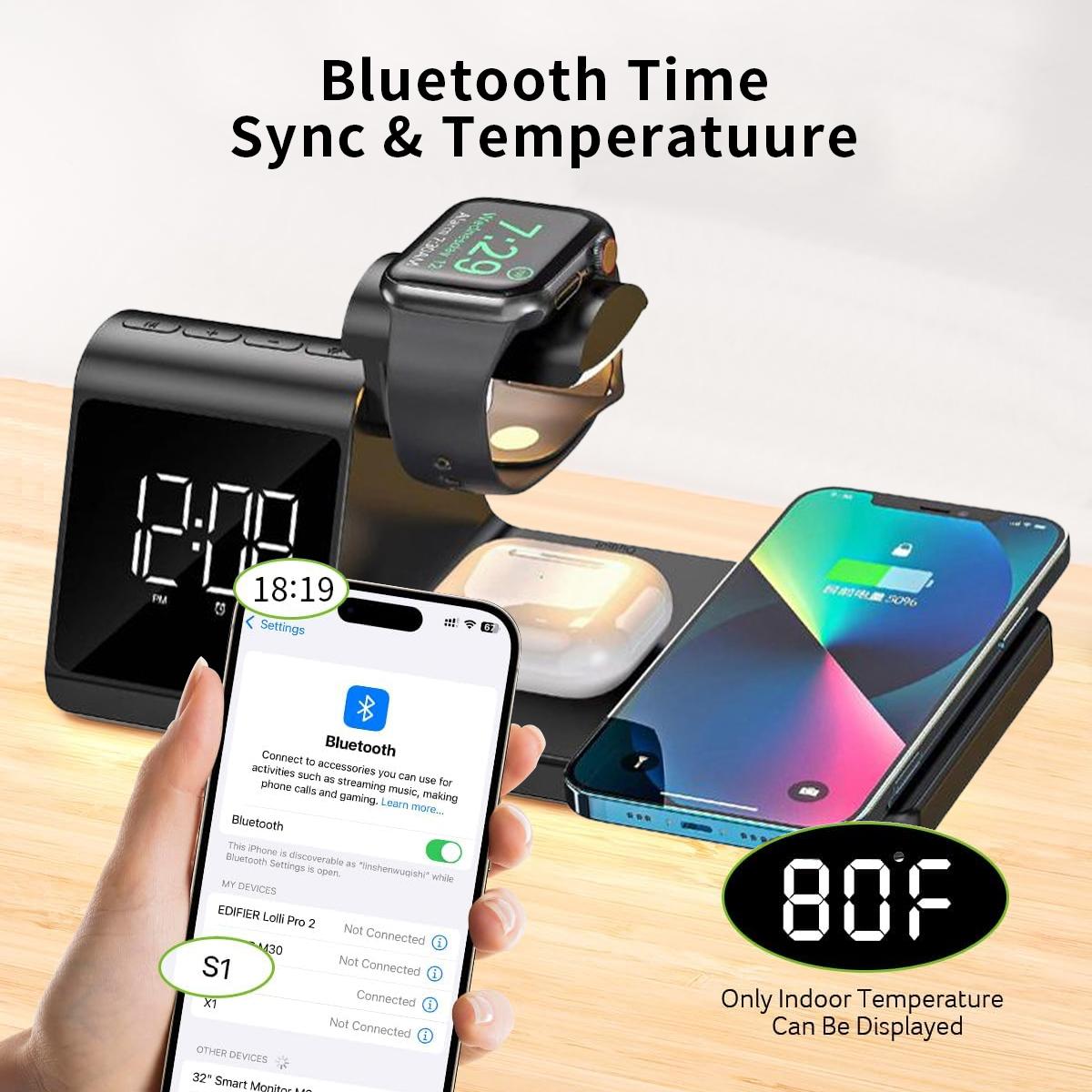 HAVIT Stazione di Ricarica Wireless 7 in 1 Supporto per Caricabatterie per iPhone 16 15 14 13 12 Pro Max Apple Watch Airpods con Bluetooth TimeSyn
