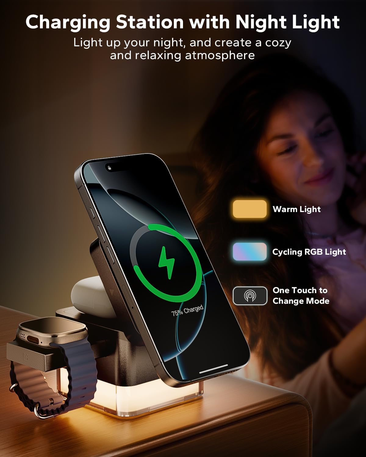 Awei iPhone Nightstand Charging Station, 15W 3-in-1 Wireless Phone Charger
