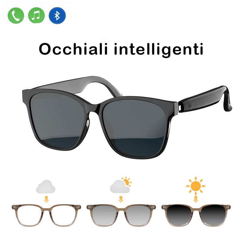 Occhiali Bluetooth intelligenti con lenti polarizzate auto-oscuranti, altoparlanti e microfono integrati, blocco della luce blu