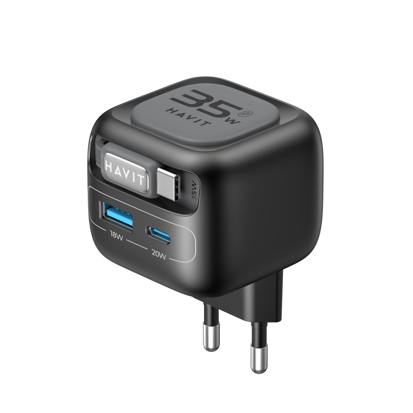 Caricabatterie da Rete con Cavo USB-C HAVIT UC251, 35W, 3A, 1 x USB-A - 1 x USB-C, Nero Grigio