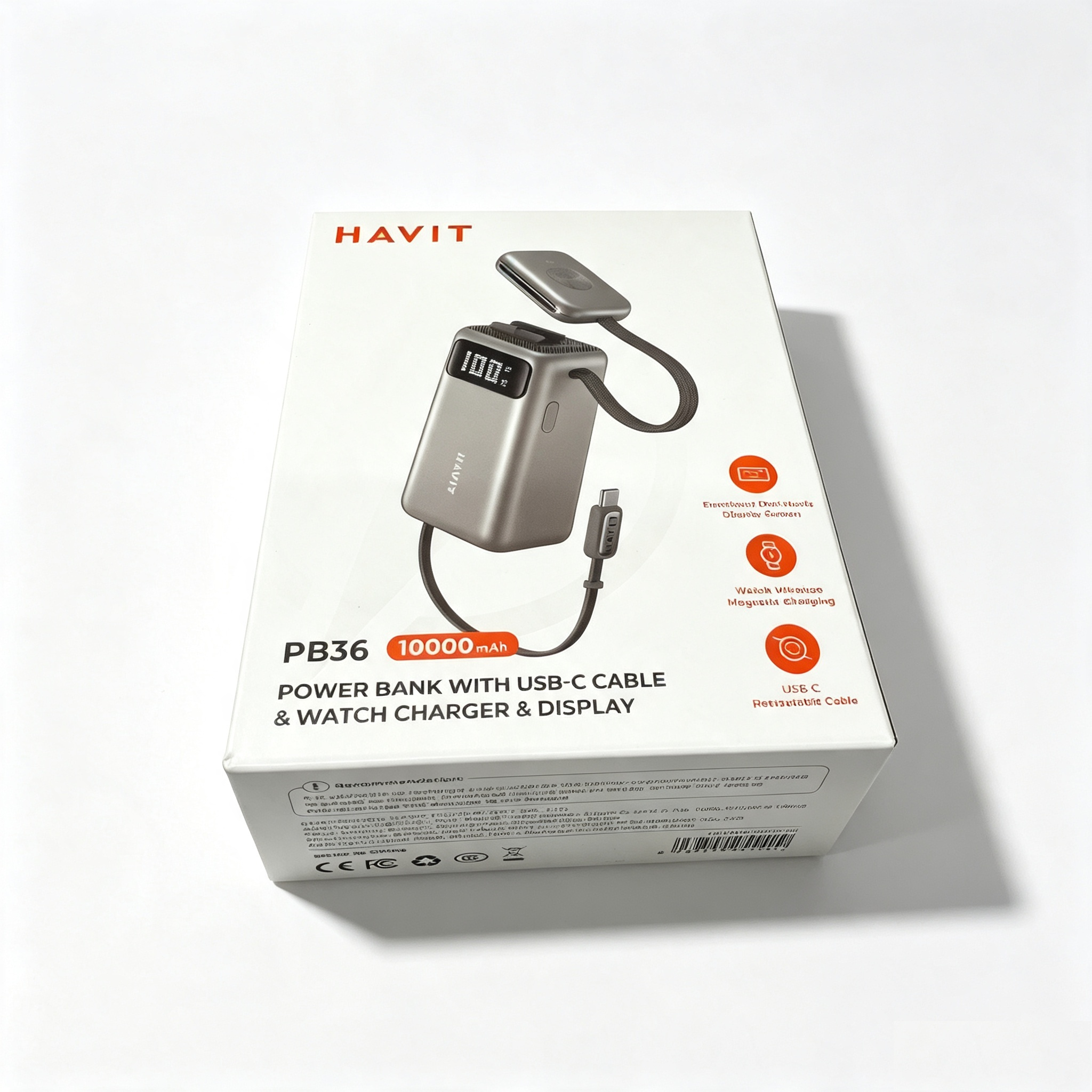 Power Bank Portatile HAVIT PB36 da 10000 mAh con cavo USB-C retrattile, caricabatterie magnetico per smartwatch e display digitale