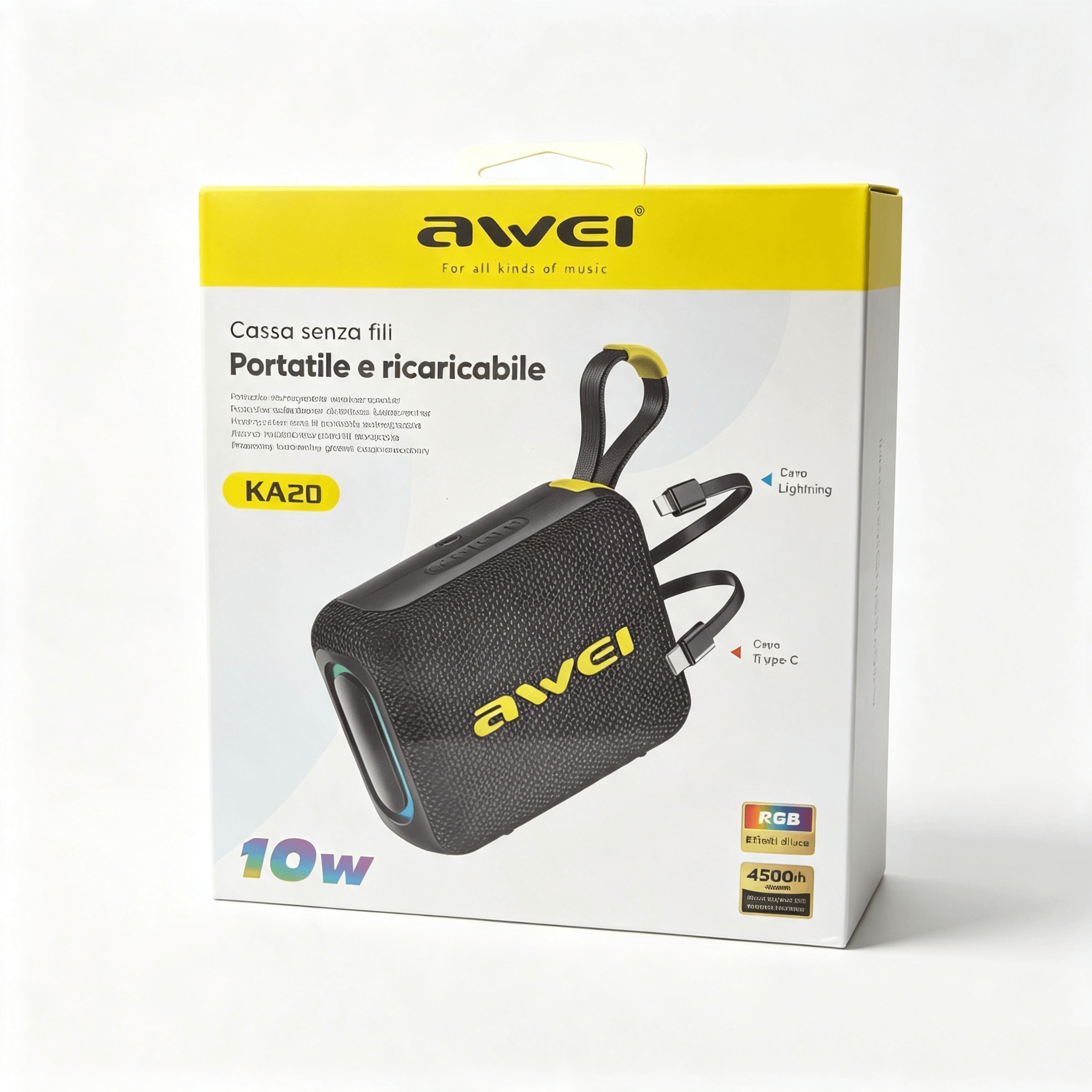 Cassa Bluetooth Portatile AWEI KA20 da 10W, Batteria 4500mAh, Luci RGB, Impermeabile con cavi Lightning e Type-C integrati