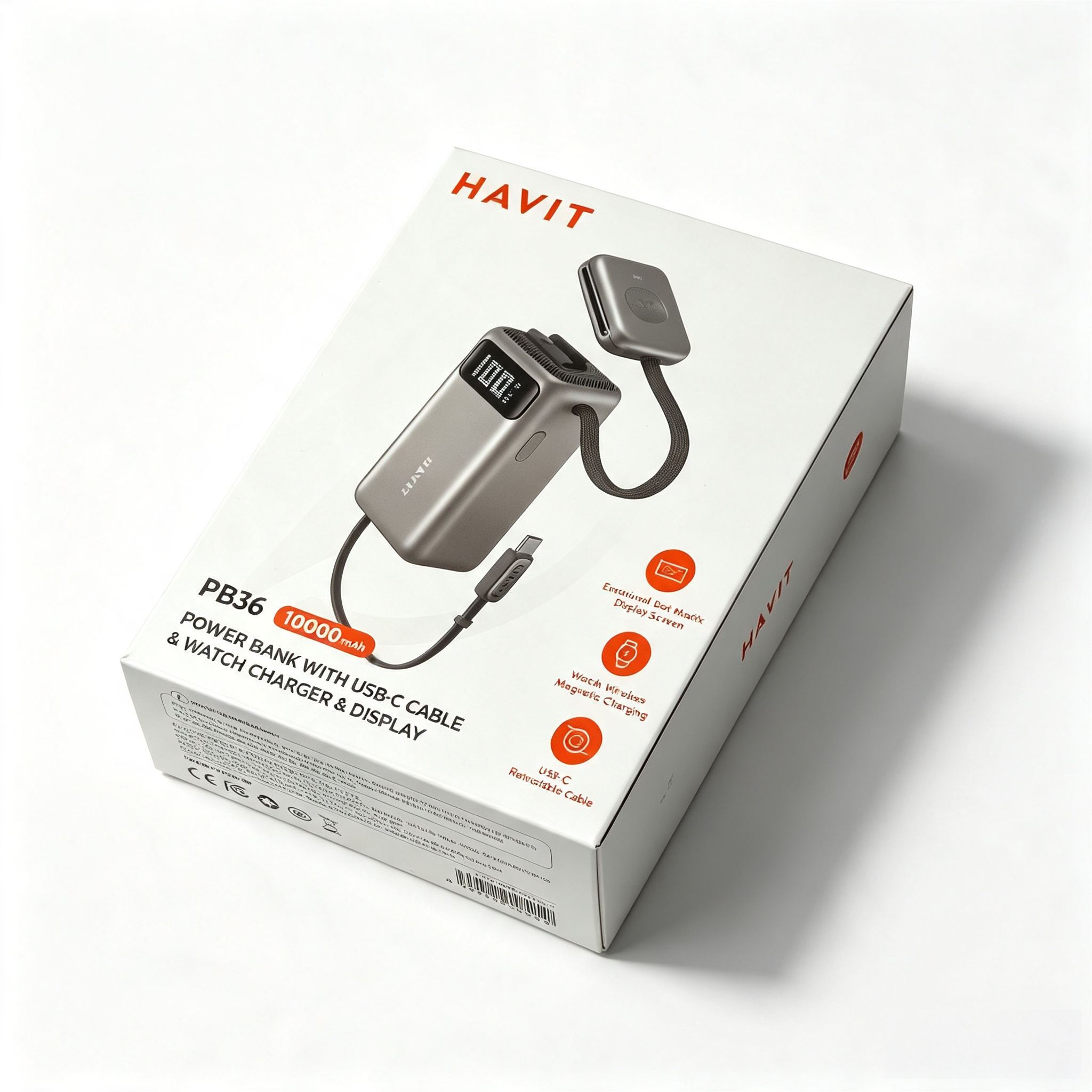 Power Bank Portatile HAVIT PB36 da 10000 mAh con cavo USB-C retrattile, caricabatterie magnetico per smartwatch e display digitale