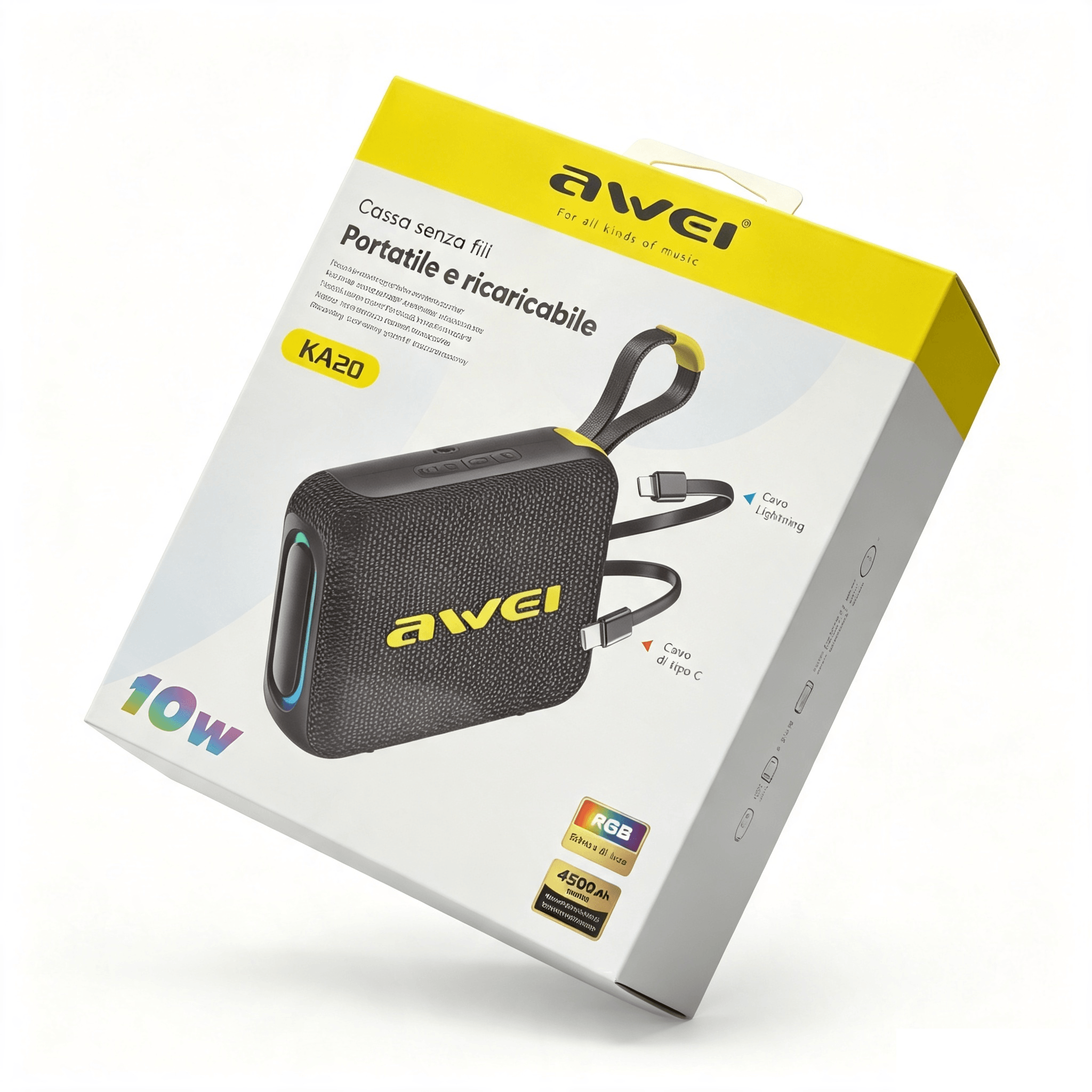 Cassa Bluetooth Portatile AWEI KA20 da 10W, Batteria 4500mAh, Luci RGB, Impermeabile con cavi Lightning e Type-C integrati