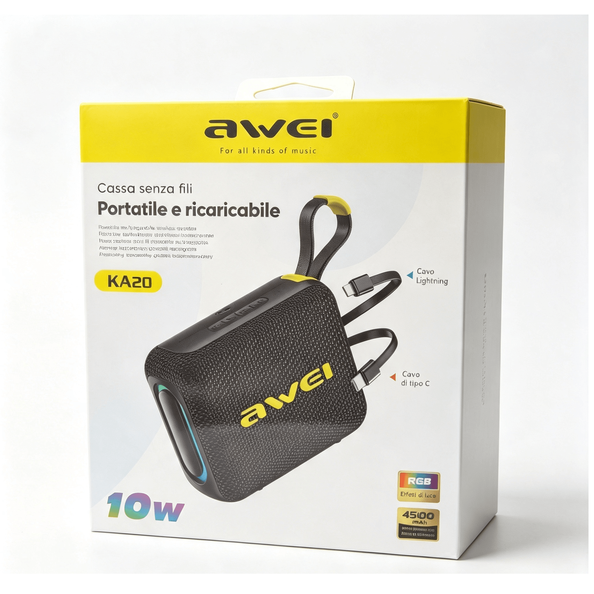 Cassa Bluetooth Portatile AWEI KA20 da 10W, Batteria 4500mAh, Luci RGB, Impermeabile con cavi Lightning e Type-C integrati