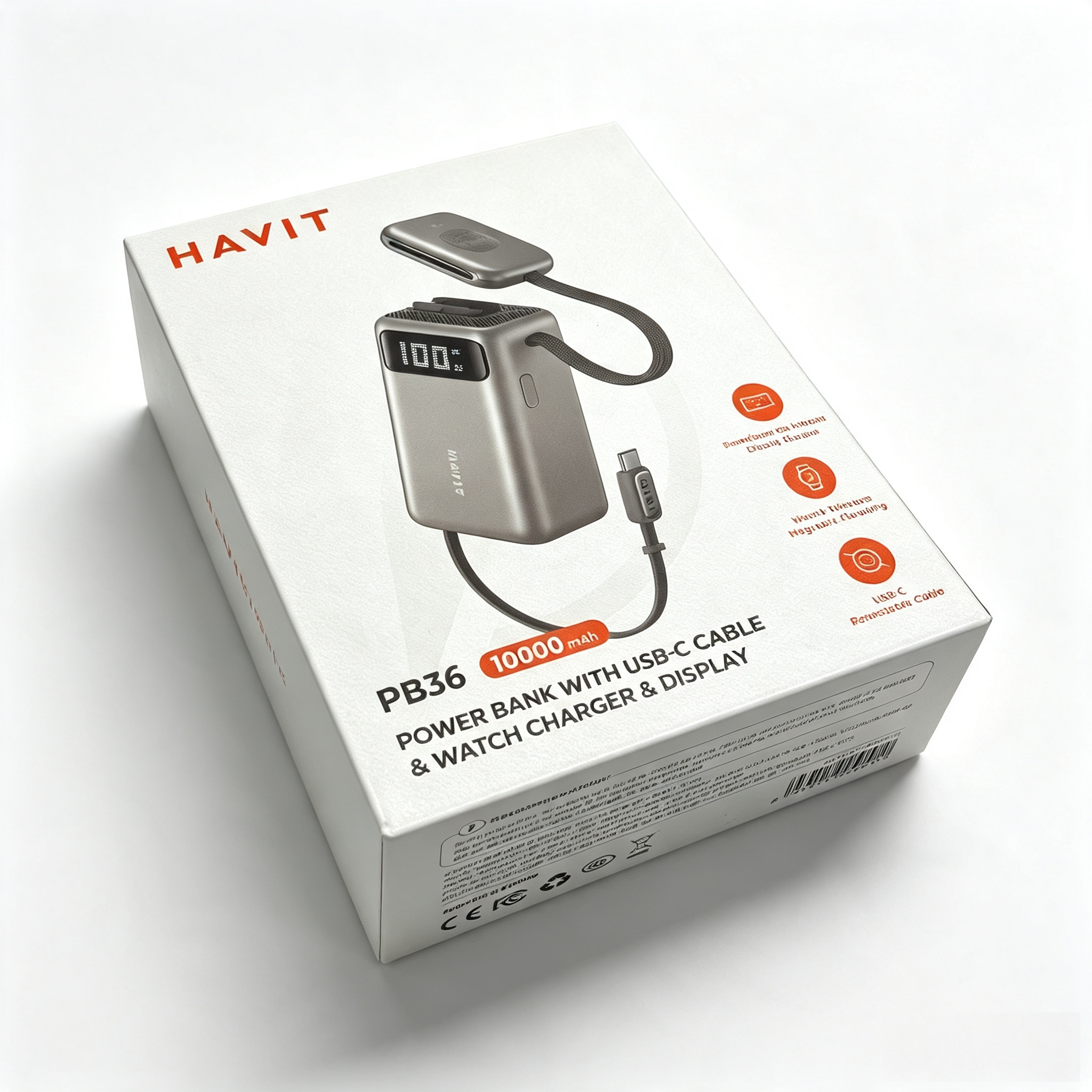 Power Bank Portatile HAVIT PB36 da 10000 mAh con cavo USB-C retrattile, caricabatterie magnetico per smartwatch e display digitale