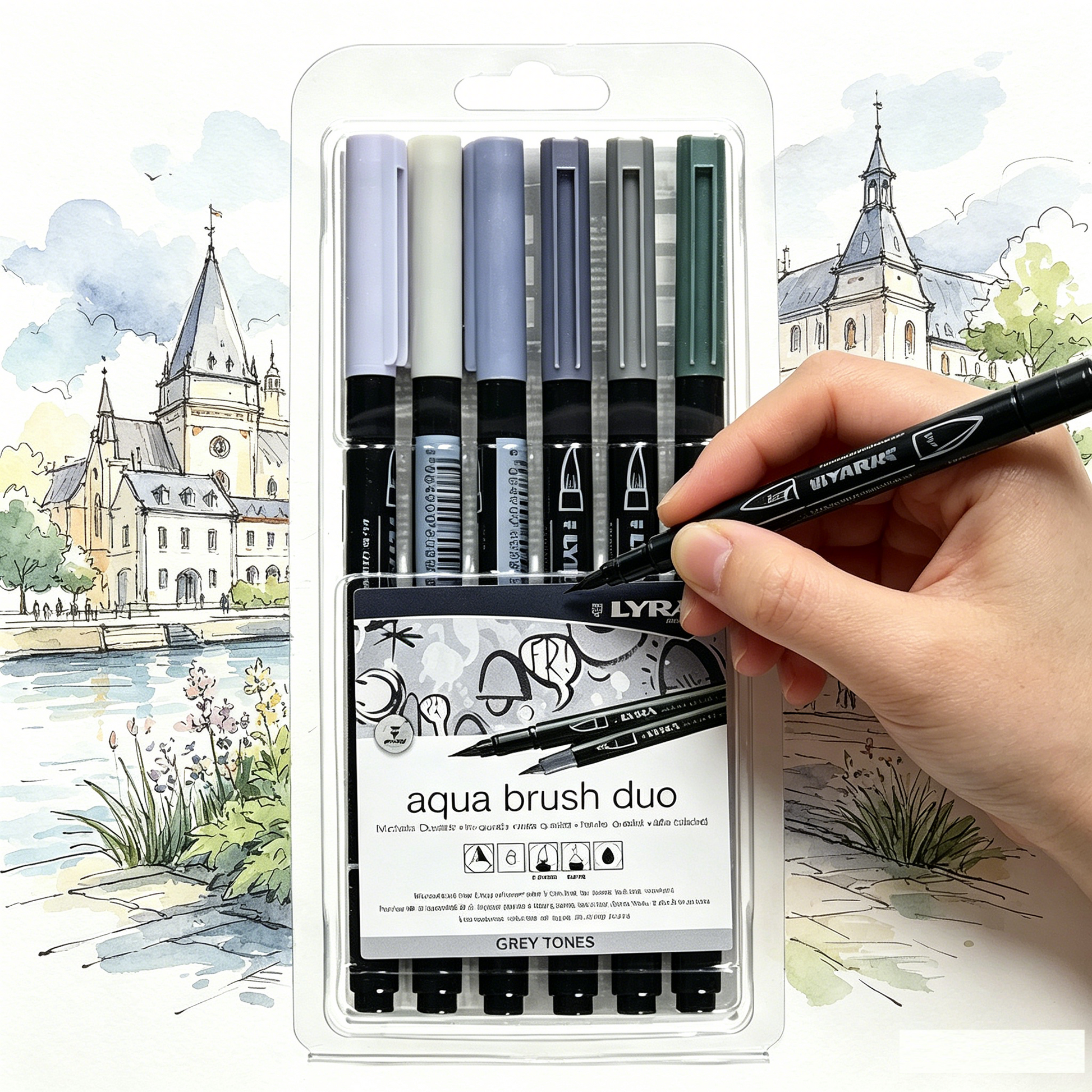 Lyra aqua brush duo set grey tones 6 pennarelli