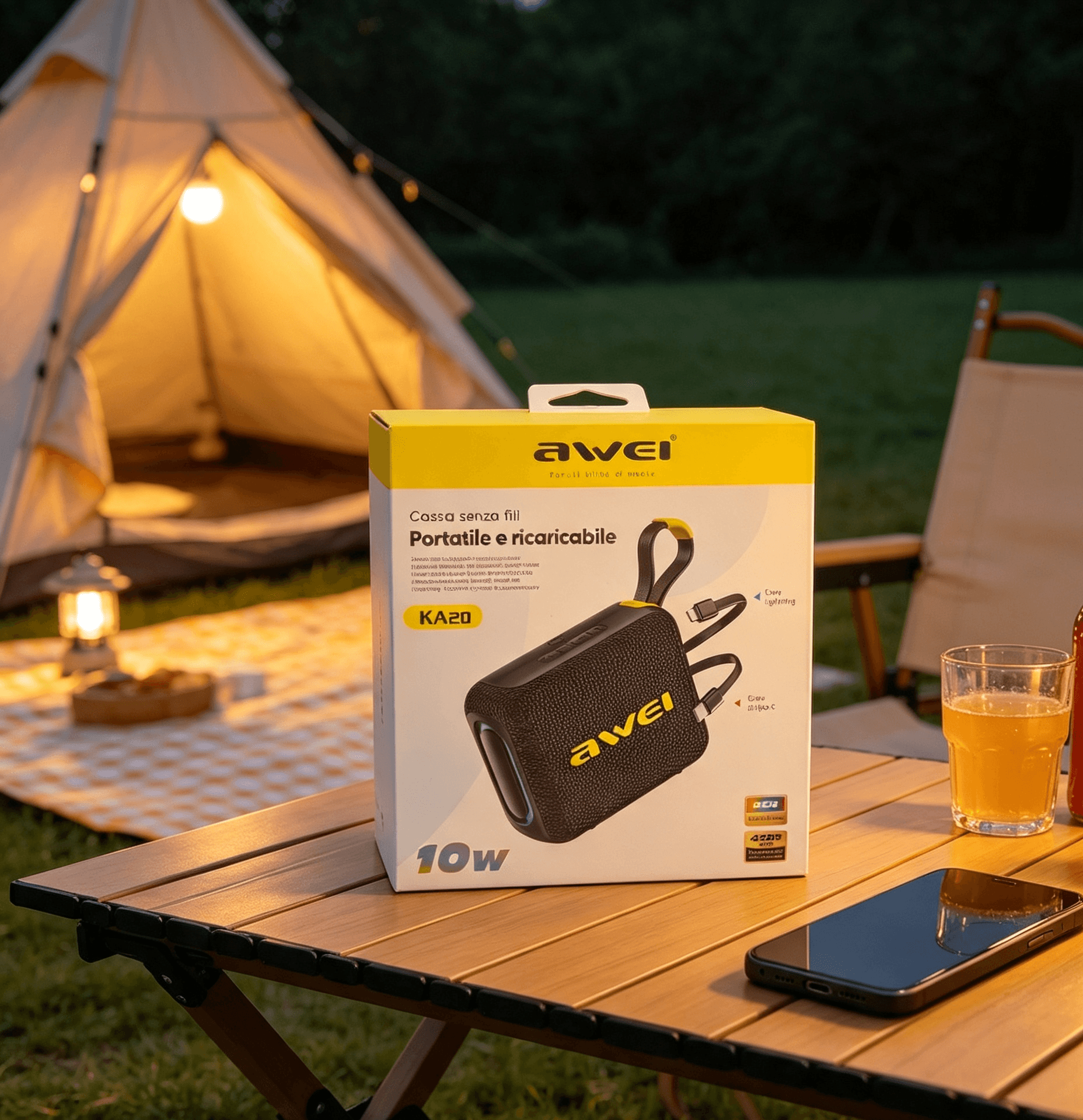 Cassa Bluetooth Portatile AWEI KA20 da 10W, Batteria 4500mAh, Luci RGB, Impermeabile con cavi Lightning e Type-C integrati