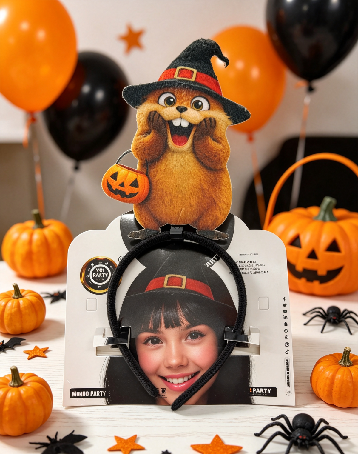Diadema Castoro Strega Halloween, cerchietto con zucca di Jack, accessorio travestimento festa