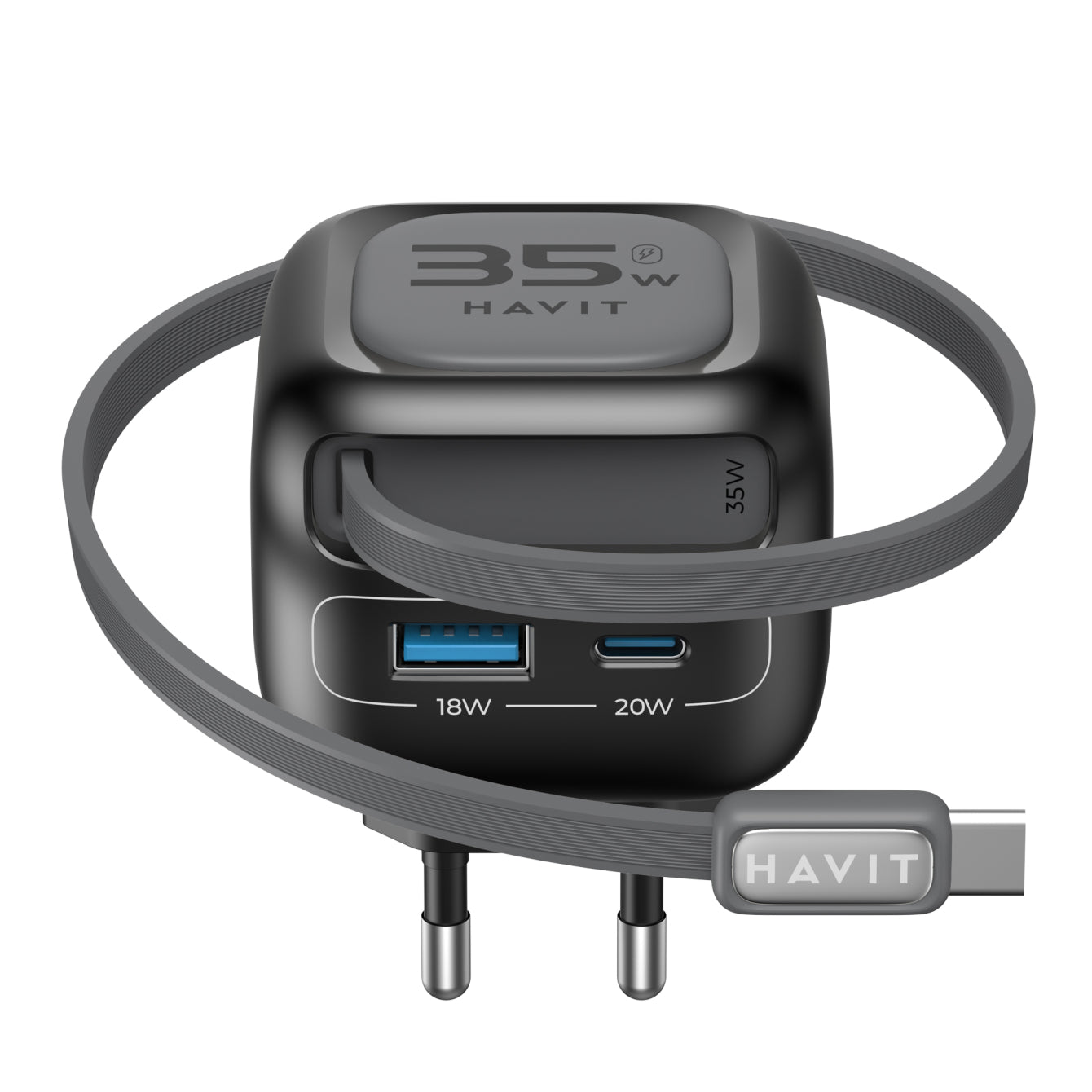 Caricabatterie da Rete con Cavo USB-C HAVIT UC251, 35W, 3A, 1 x USB-A - 1 x USB-C, Nero Grigio