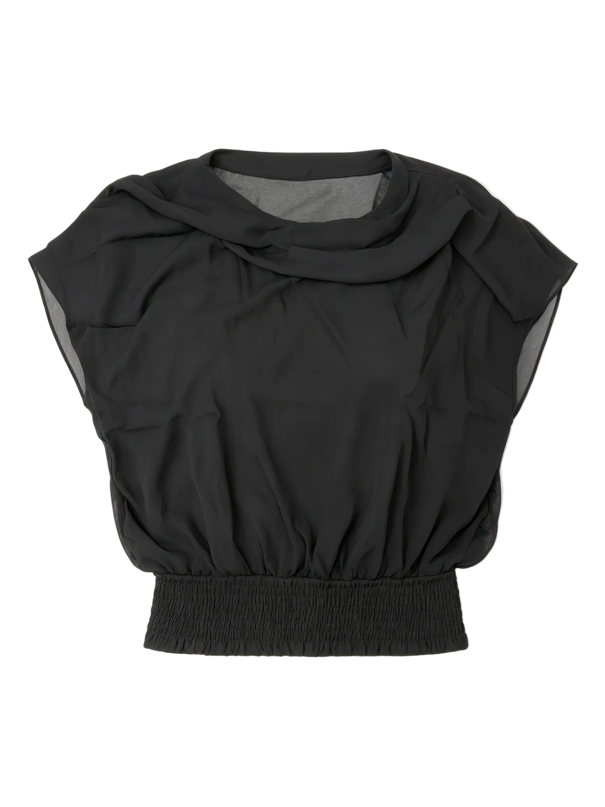 Camicia di chiffon nera da donna, tunica elegante a due strati, maniche a pipistrello corte, fodera elastica, top trasparente scollo rotondo, taglia K-L