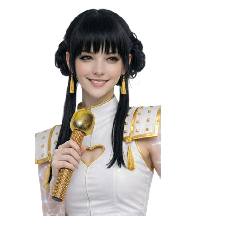 Peluca K-Pop Pro Nera Parrucca Donna con Chignon e Fronte per Cosplay Halloween
