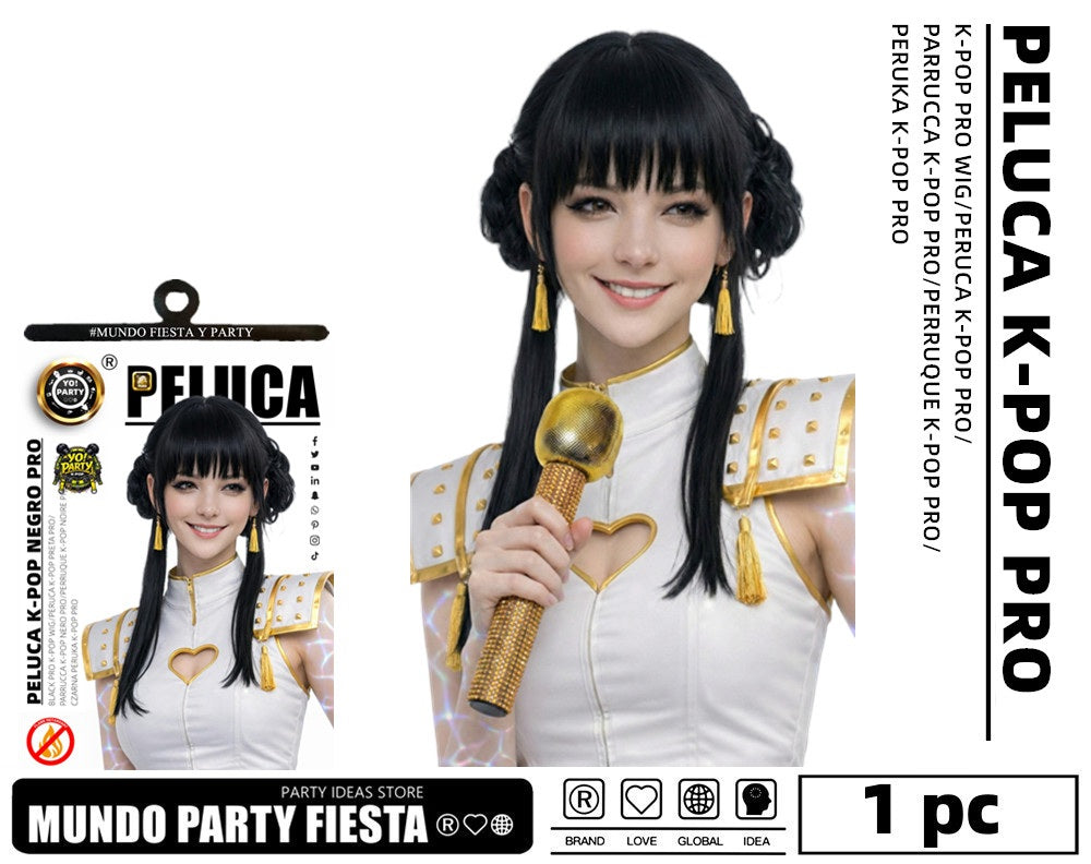 Peluca K-Pop Pro Nera Parrucca Donna con Chignon e Fronte per Cosplay Halloween
