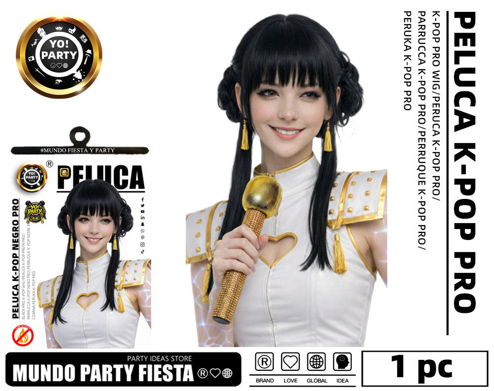 Peluca K-Pop Pro Nera Parrucca Donna con Chignon e Fronte per Cosplay Halloween