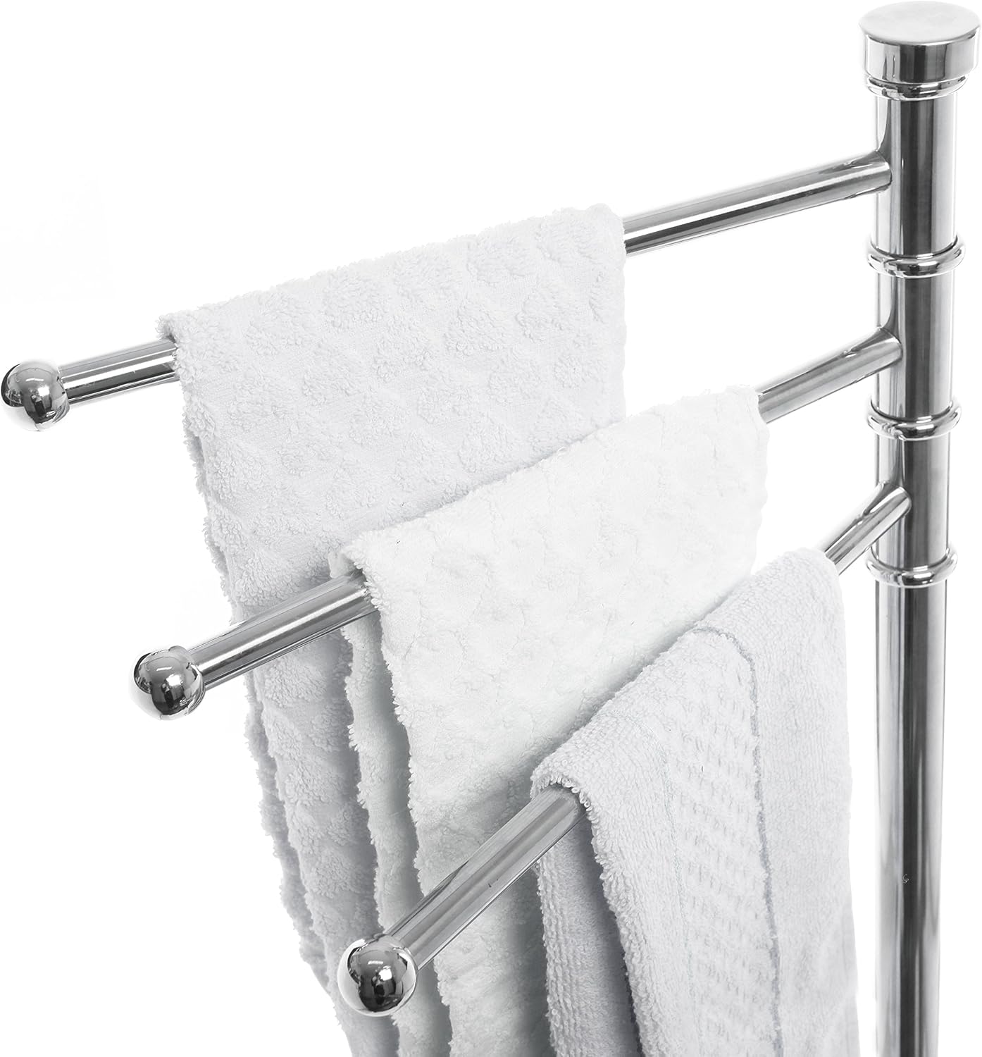 MyGift Portasciugamani Autoportante da 38 Pollici in Metallo Argentato con 3 Bracci Girevoli e Base Robusta Rotonda per Bagno Moderno Elegante