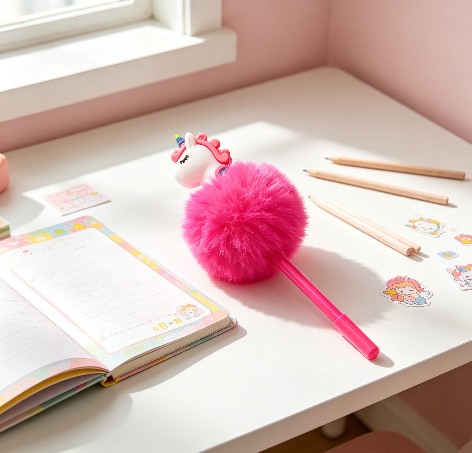Penna Gel Decorativa Unicorno con Pompom Peloso Rosa, Cancelleria Carina per Bambine, Idea Regalo Originale