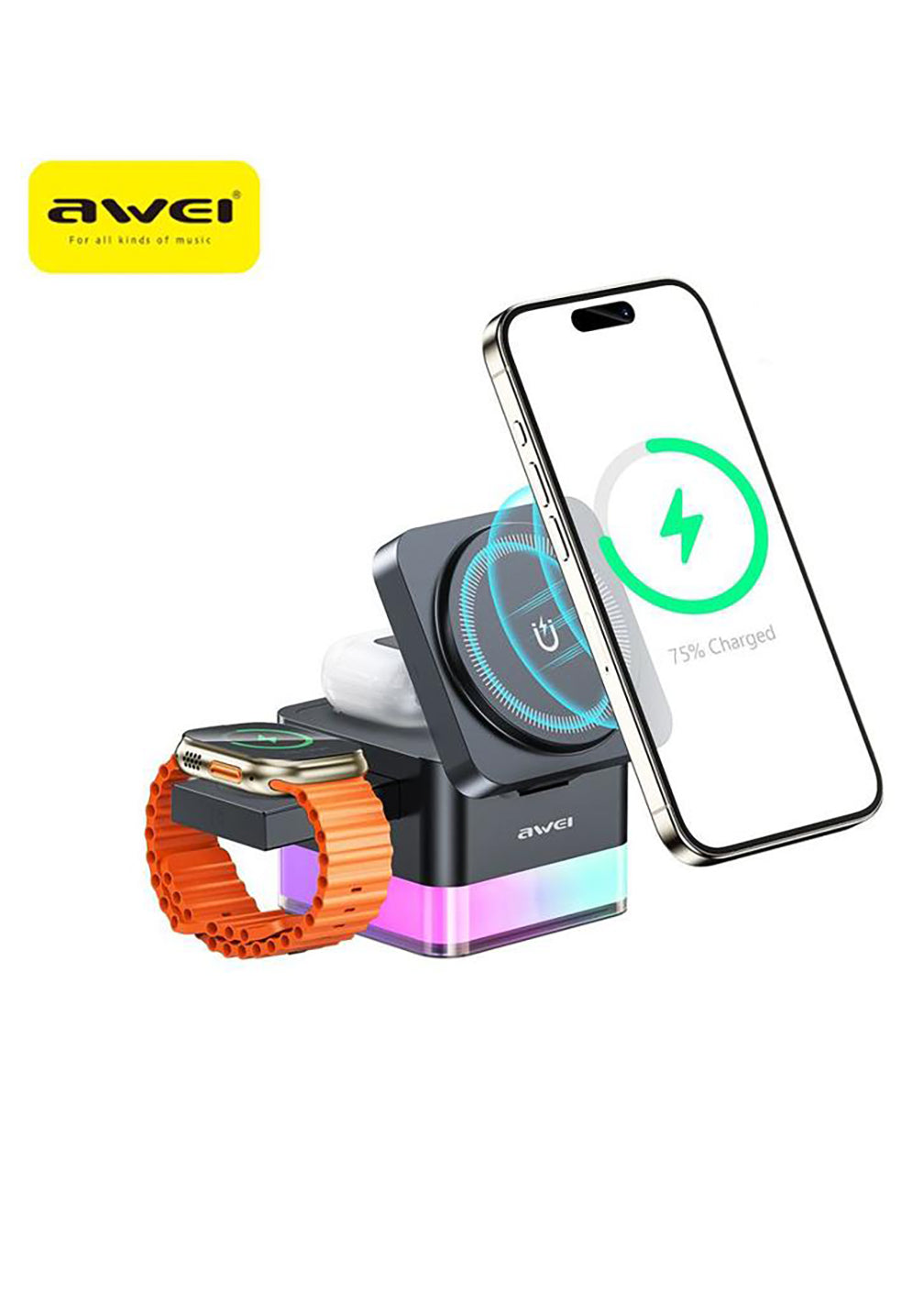 Awei iPhone Nightstand Charging Station, 15W 3-in-1 Wireless Phone Charger