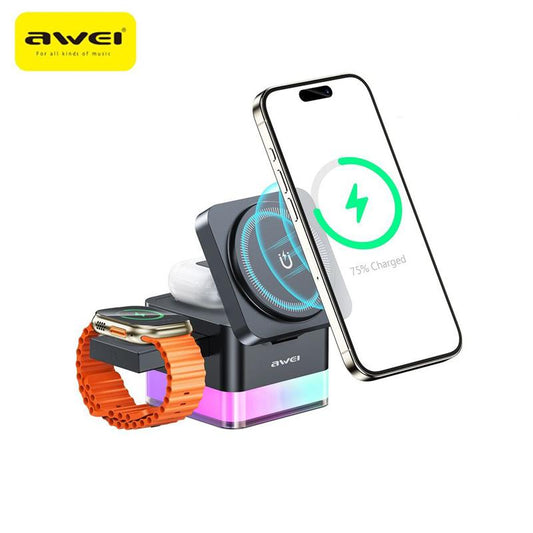 Awei iPhone Nightstand Charging Station, 15W 3-in-1 Wireless Phone Charger