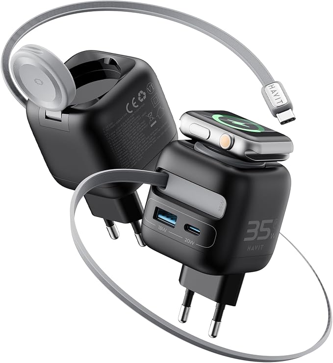 HAVIT Travel Charger UC250 GaN 35W USB-A+USB-C con Cavo USB-C e Caricatore per Orologio Modello UC250 GaN Potenza 35W Porte USB-A e USB-C
