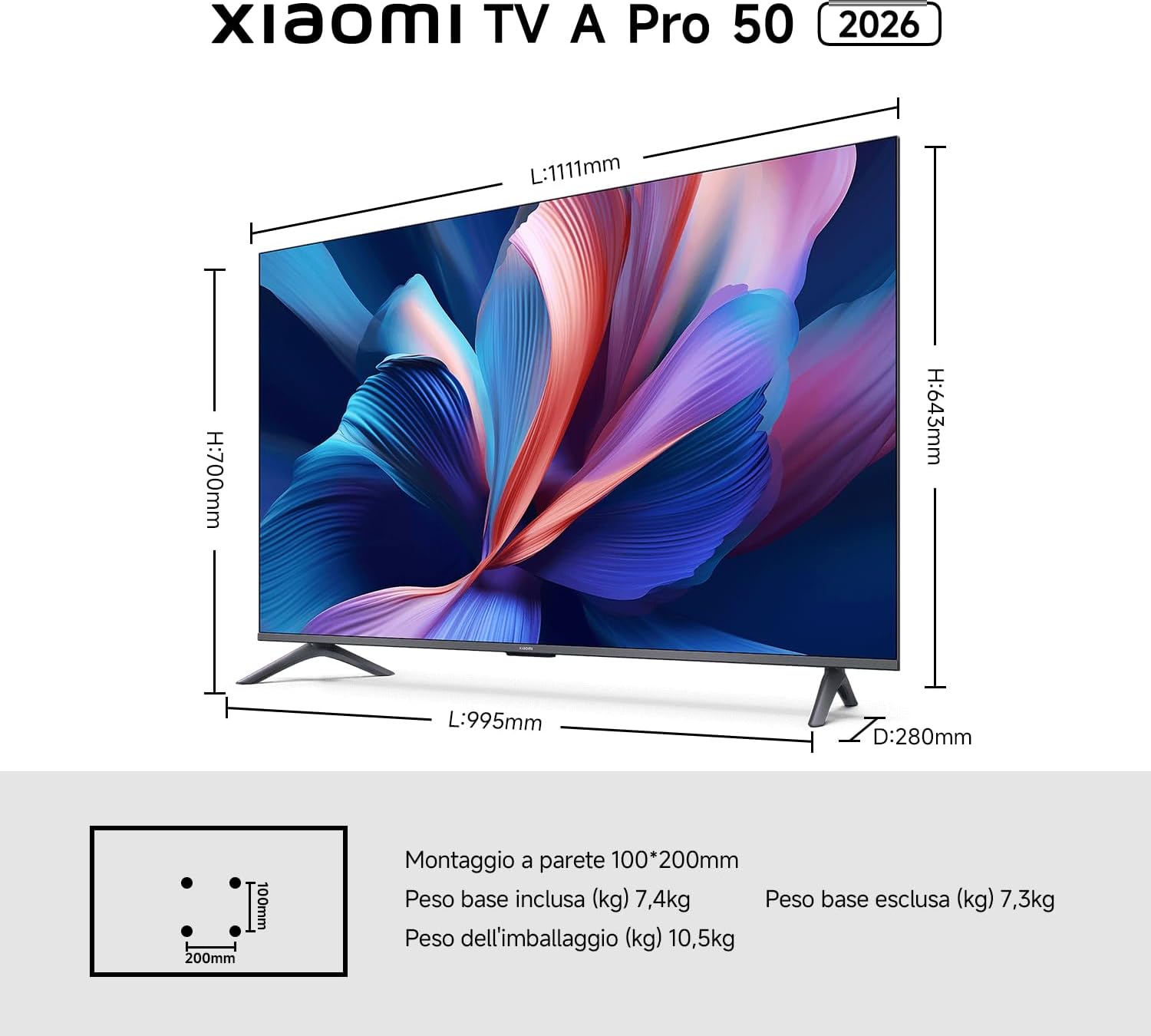 Xiaomi TV A Pro 50 2026 50 Pollici HDR 10 4K QLED