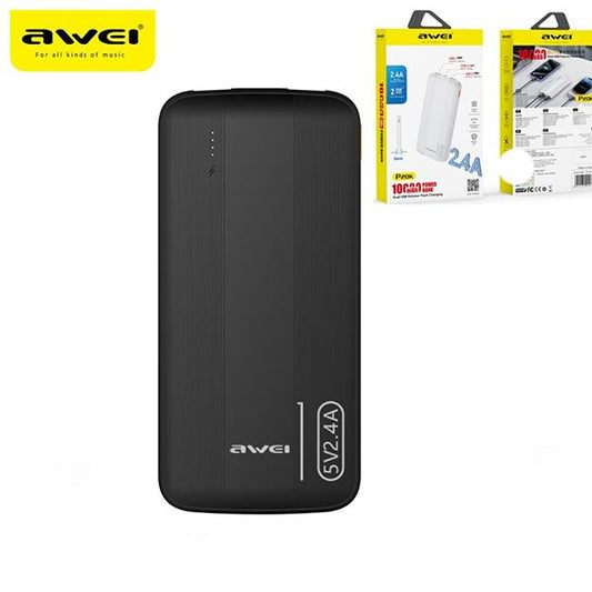 Awei Power Bank 10000mAh Caricabatterie Portatile Nero con 2 Uscite USB 2.4A e Ingresso/Uscita USB C Compatibile con Huawei iPhone Samsung Galaxy