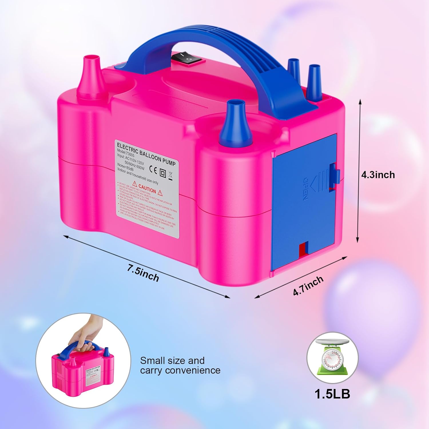 Pompa elettrica per palloncini con 2+2 ugelli, 2 modalità di funzionamento Gonfiaggio intelligente, 220 Volt 600 Watt, adatto per feste, matrimoni, decorazioni di compleanno
